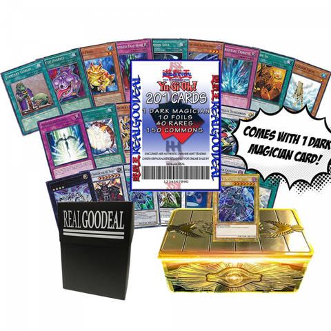 200 Yugioh Card Lot Bundle - Featuring Dark Magician 10 FOILS 40 RARES 150 COMMONS YUGIOH COLLECTOR TIN!! REALGOODEAL DECK BOX!!!