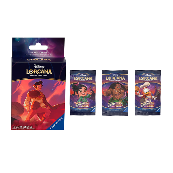 Disney Lorcana Shimmering Skies Booster Pack Bundle of 3 and Aladdin Card Sleeves (65-Pack)(Release Date 8/23/2024)