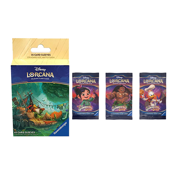 Disney Lorcana Shimmering Skies Booster Pack Bundle of 3 and Robin Hood Card Sleeves (65-Pack)(Release Date 8/23/2024)