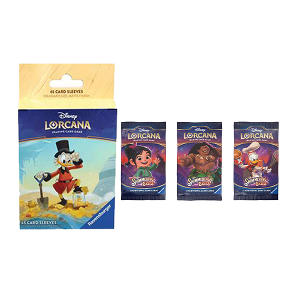 Disney Lorcana Shimmering Skies Booster Pack Bundle of 3 and Scrooge McDuck Card Sleeves (65-Pack)(Release Date 8/23/2024)