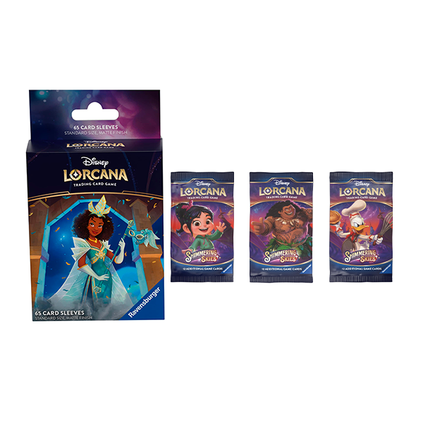 Disney Lorcana Shimmering Skies Booster Pack Bundle of 3 and Tiana Card Sleeves (65-Pack)(Release Date 8/23/2024)