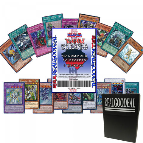 Yugioh Secret Lot of 50 Cards - Featuring 10 Secret Rares! 40 Commons Includes REALGOODEAL Deck Box
