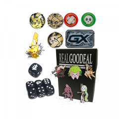 Pokemon Accessories Bundle 5 PINS 3 COINS 1 FIGURE 1 GX COUNTER 1 SET OF DICE