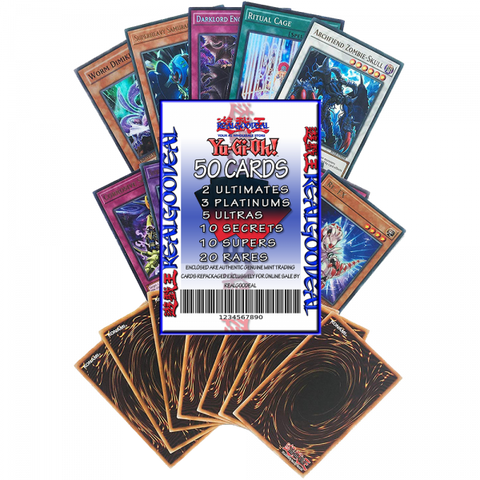 YuGiOh Lot of 50 Cards 10 Secrets/3 Platinums/2 Ultimates/10 Supers/20 Rares
