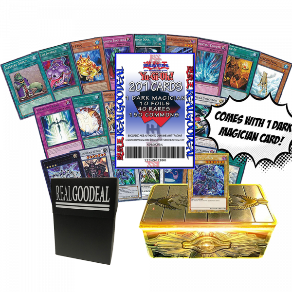 200 Yugioh Card Lot Bundle - Featuring Dark Magician 10 FOILS 40 RARES 150 COMMONS YUGIOH COLLECTOR TIN!! REALGOODEAL DECK BOX!!!