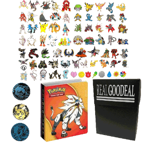 Pokemon 10 Collector's Pins with REALGOODEAL Deck Box BONUS MINI BINDER BUNDLE PLUS 3 COINS RANDOM LOT