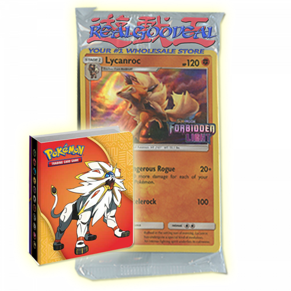 Pokemon Sealed Sun & Moon Forbidden Light Pack (Lycanroc promo) with BONUS mini binder